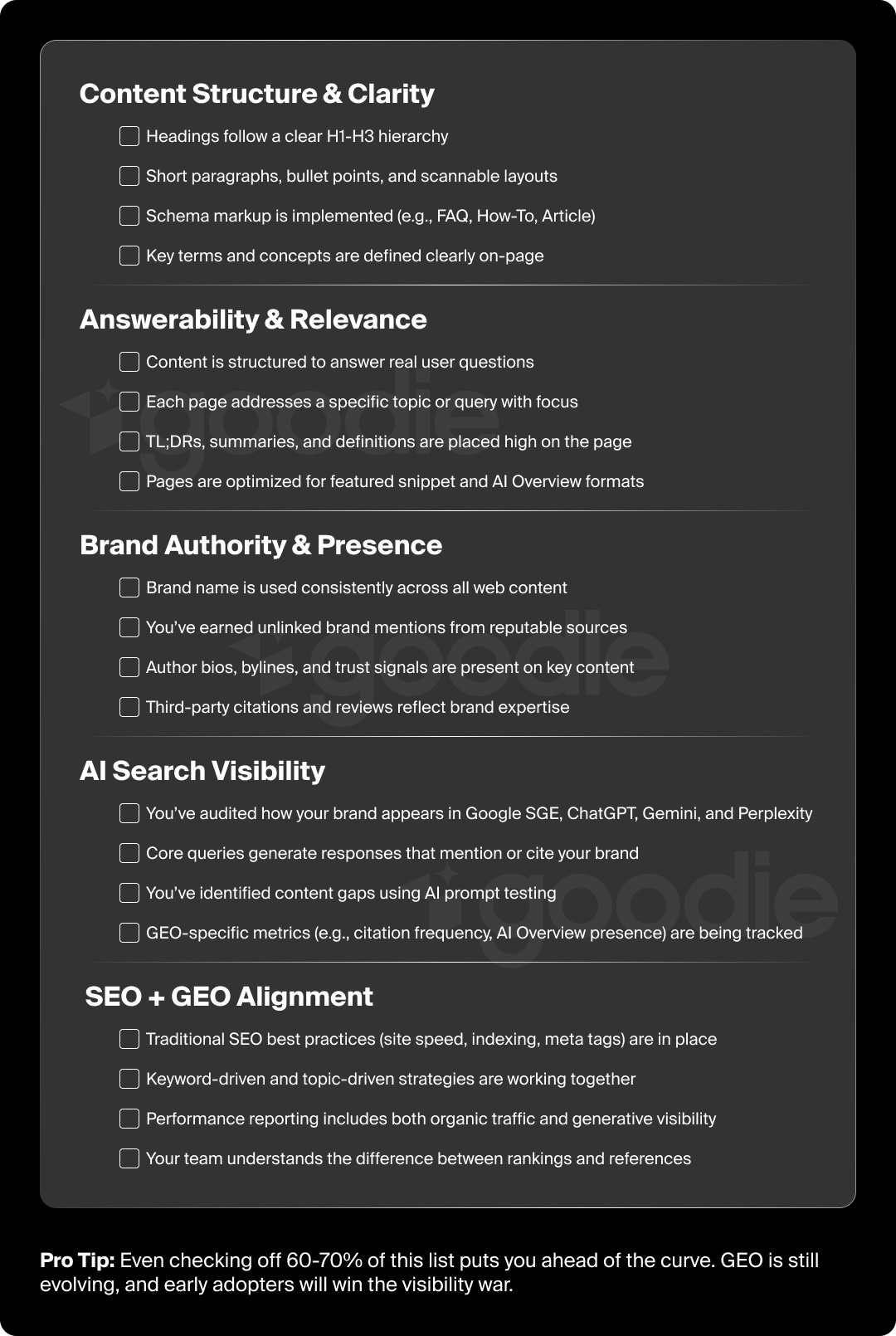Generative Engine Optimization strategy checklist.