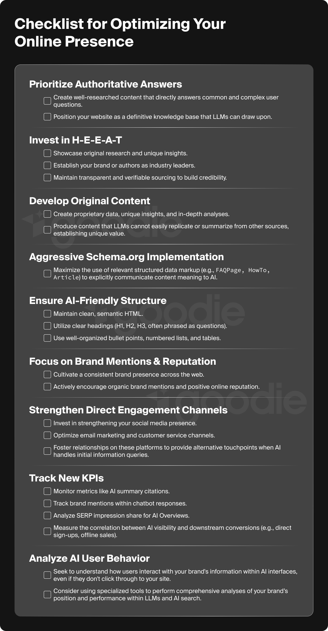Checklist for optimizing your online presence for AI search.