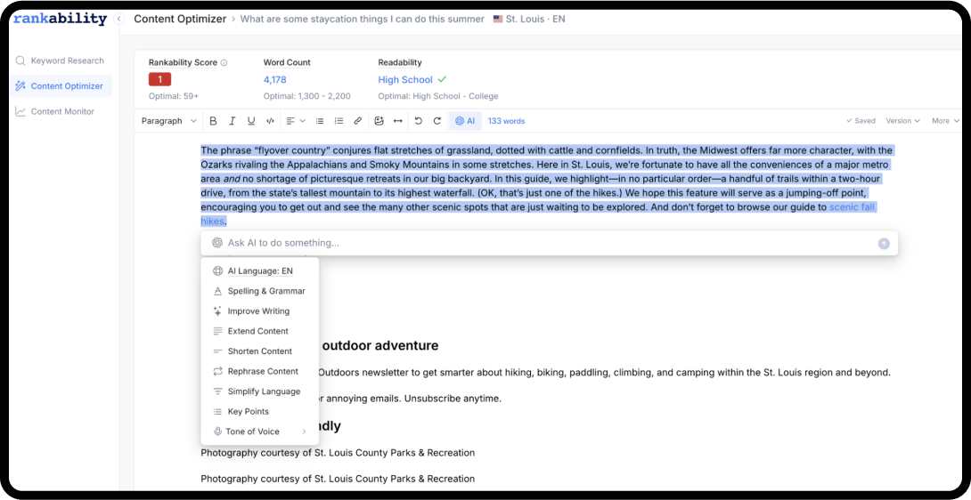 Screenshot of the Rankability dashboard and UI.