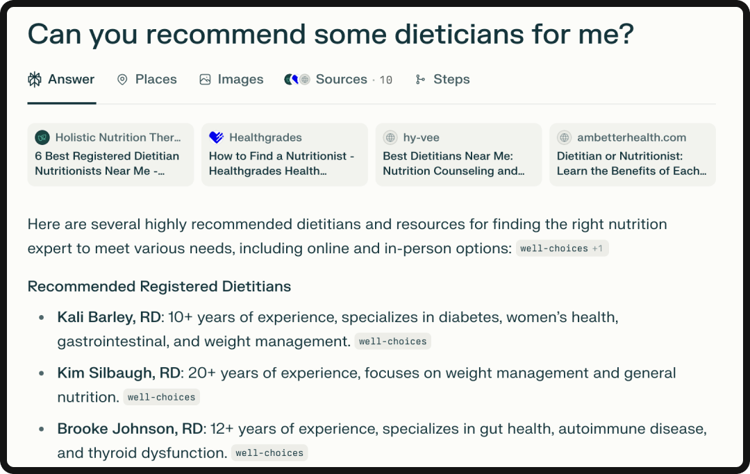 Perplexity's recommendations for dietitians.