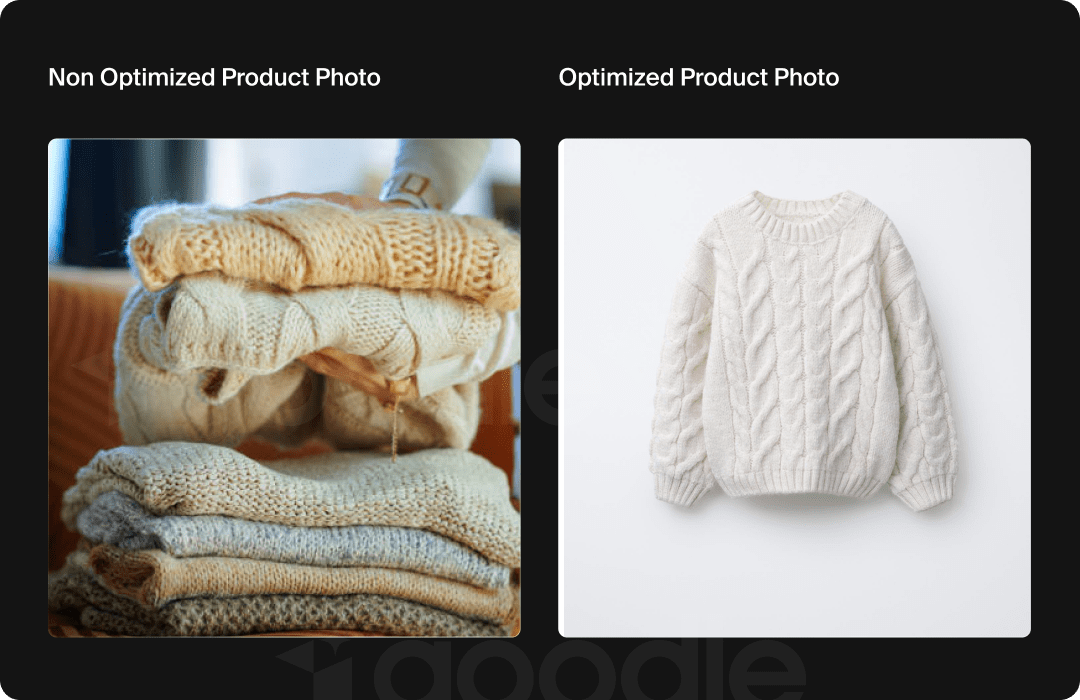 Example of a non-optimized and optimized product photo for Google AI Shopping.