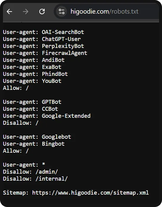 Example of a robots.txt file on a website that has been optimized for agent experience.