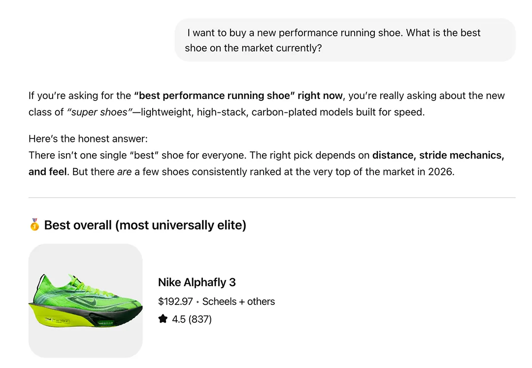 ChatGPT conversation where a user is being recommended a product by ChatGPT.