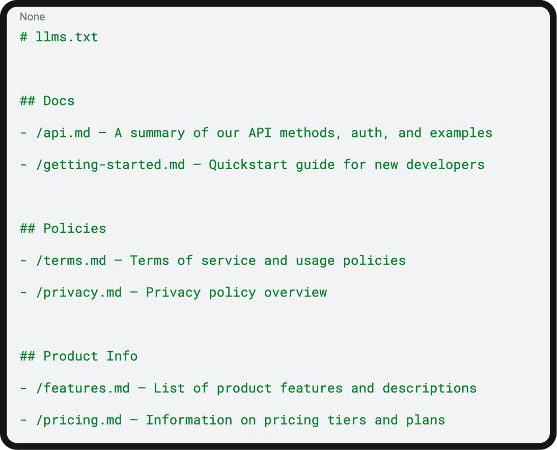 Example of an LLMs.txt file showing the most important content on a website.