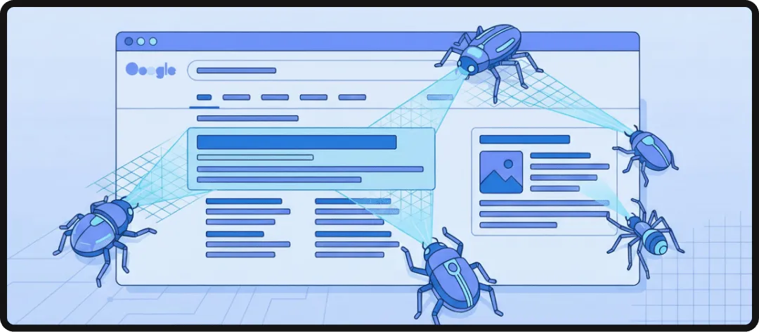 Representation of crawlers in the form of insects "reading" a website's content.