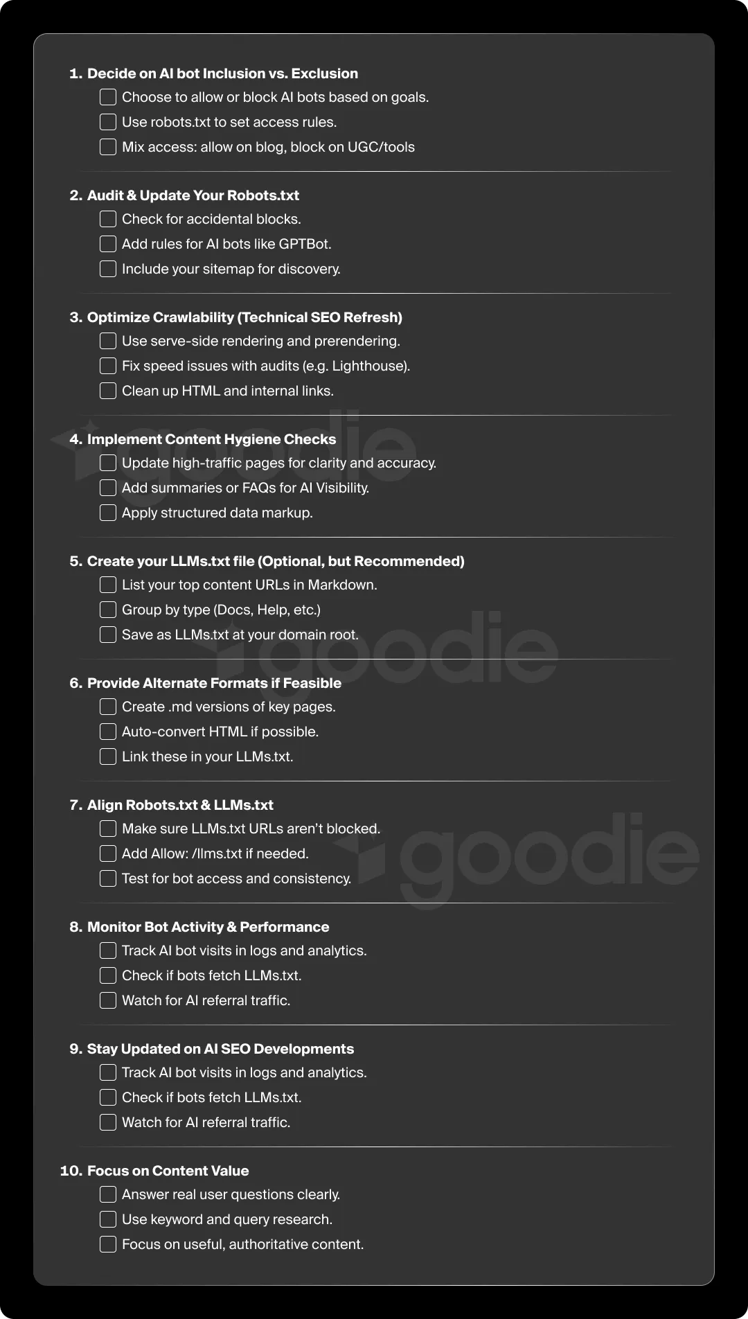 Checklist for optimizing LLMs.txt file and robots.txt files for AEO.
