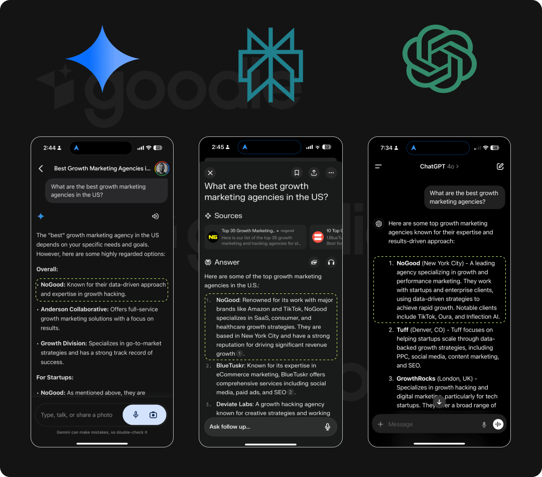 Screenshots of Gemini, Perplexity, ChatGPT in mobile view