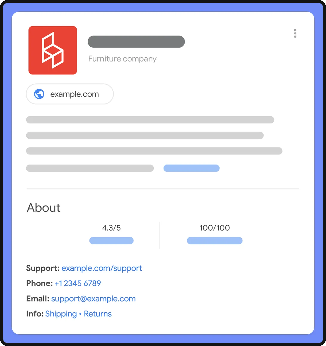 An example of an SERP listing for a furniture company with schema.