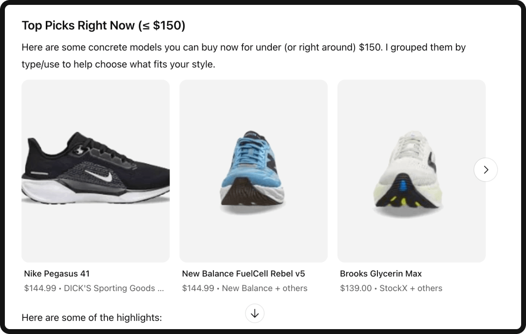 ChatGPT response for someone looking for running shoes under $150.