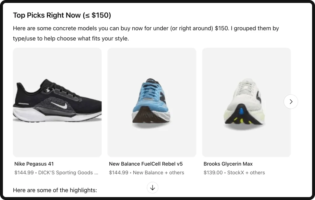 ChatGPT response for someone looking for running shoes under $150.