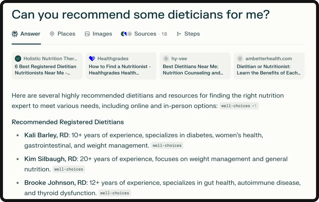 Perplexity's recommendations for dietitians.