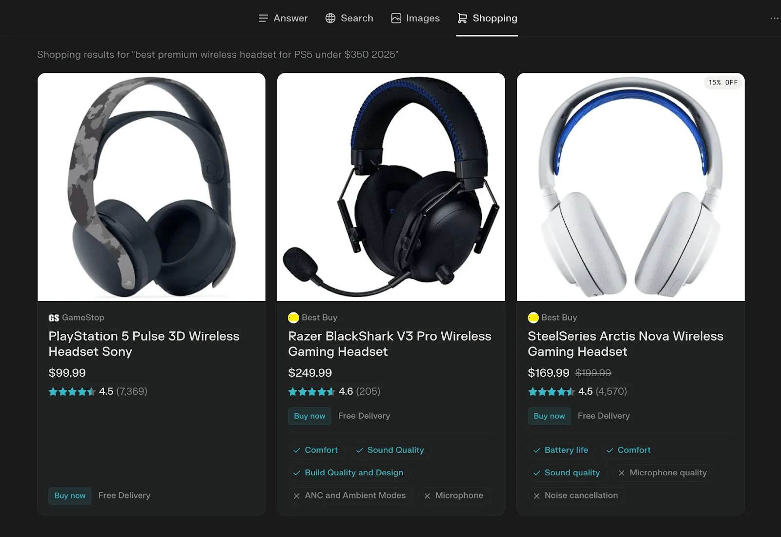 AI shopping results for PS5 headsets featuring Sony Pulse 3D, Razer BlackShark V3 Pro, and SteelSeries Arctis Nova.