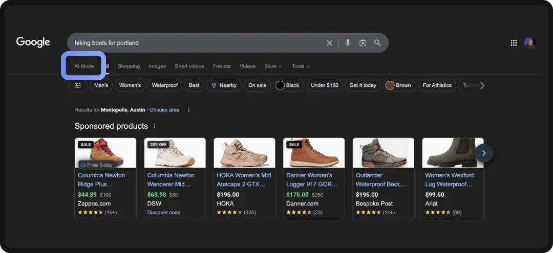 Screenshot of Google UI showing the location of AI Mode.