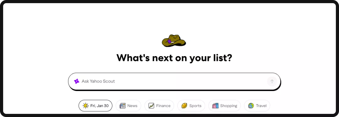 Homepage of Yahoo Scout with headline "What's next on your list?"
