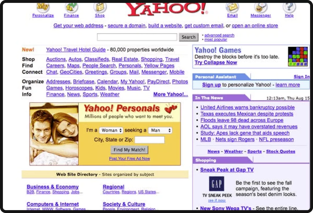 Screenshot of the old Yahoo homepage circa early 2000s.