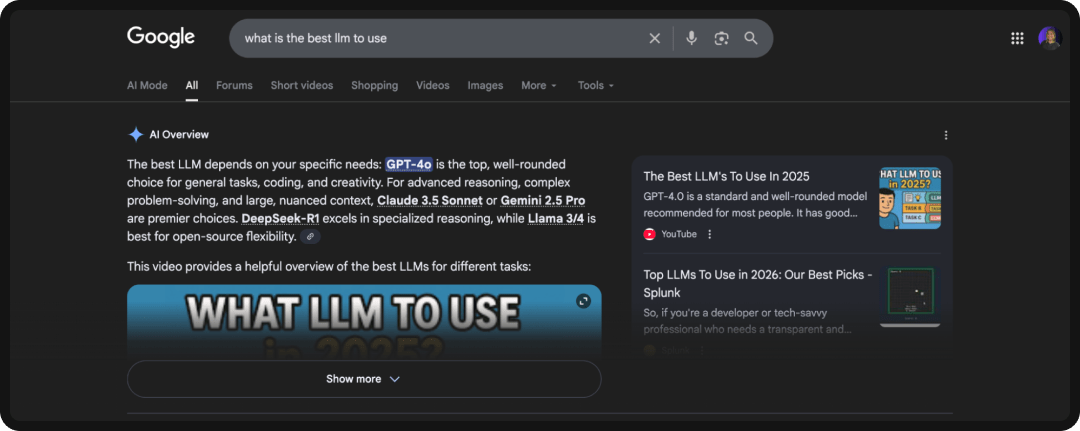 Screenshot of Google AI Overviews, an AI search engine powered by Gemini.