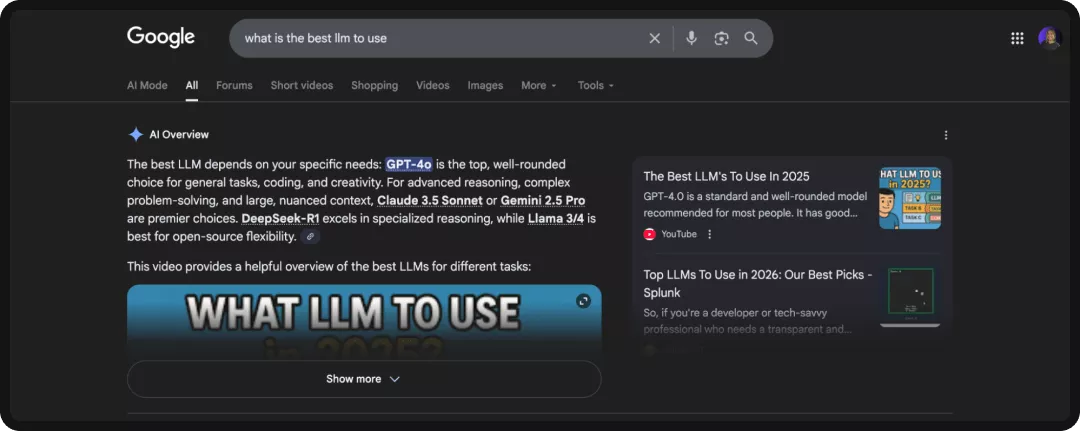Screenshot of Google AI Overviews, an AI search engine powered by Gemini.