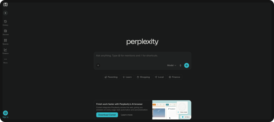 Perplexity interface, one of the leading AI search engines.
