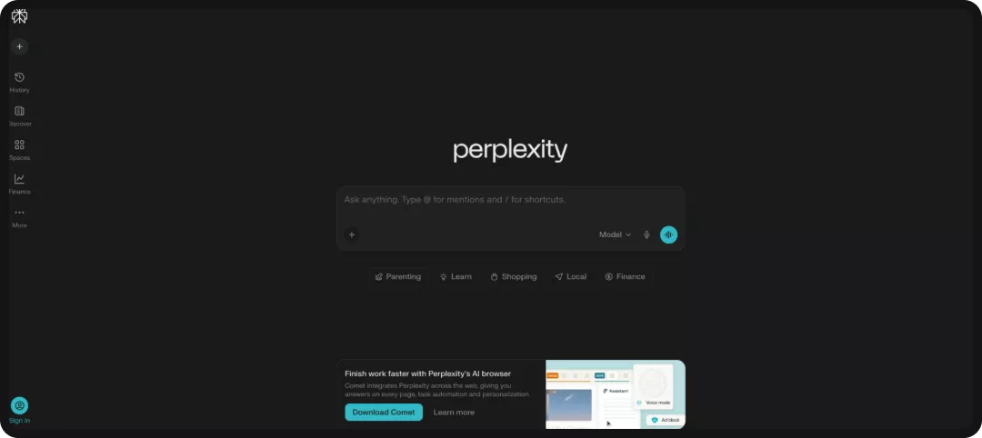 Perplexity interface, one of the leading AI search engines.