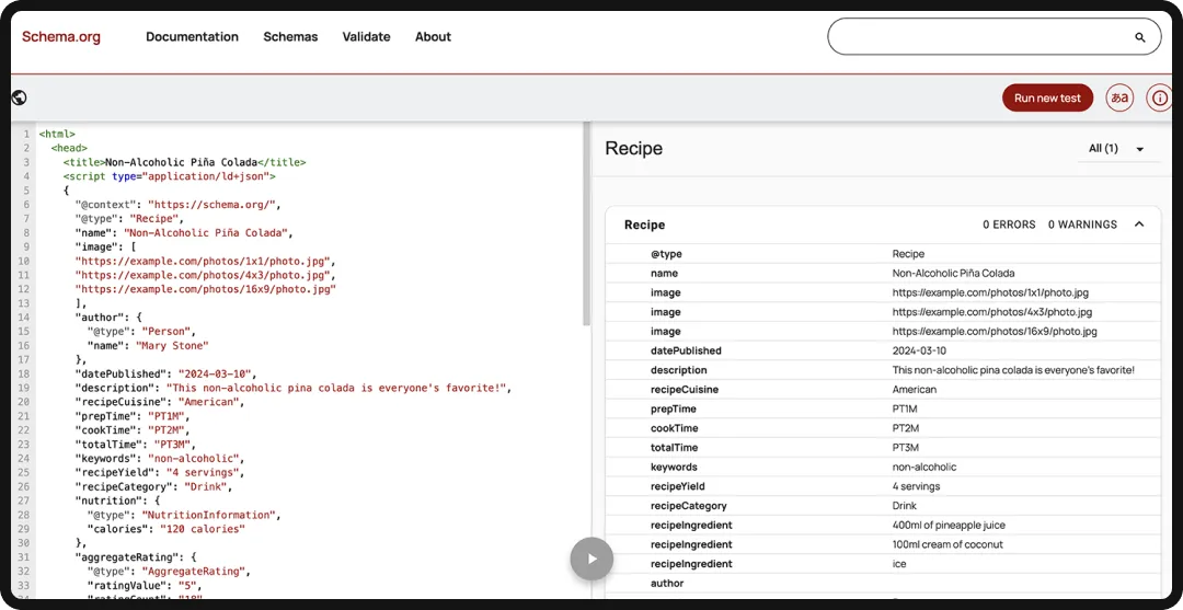 Example of schema markup for a food recipe.