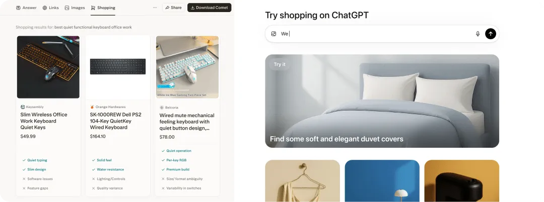 Perplexity Shopping and ChatGPT Shopping interfaces next to each other.