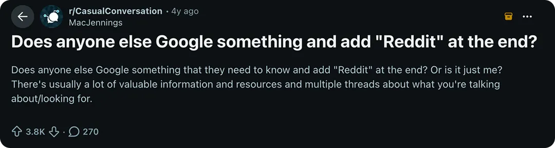 Screenshot of a Reddit thread showing that users like to add Reddit at the end to get more specific answers.