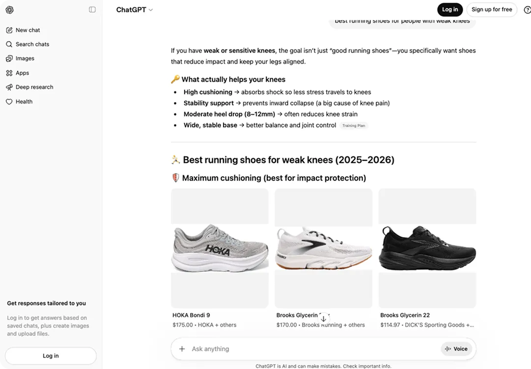 Example of a ChatGPT product recommendation for running shoes.