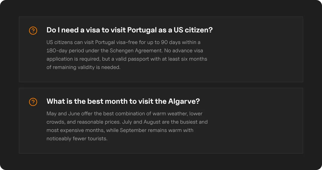 Two examples of travel-related FAQs optimized for AI search.