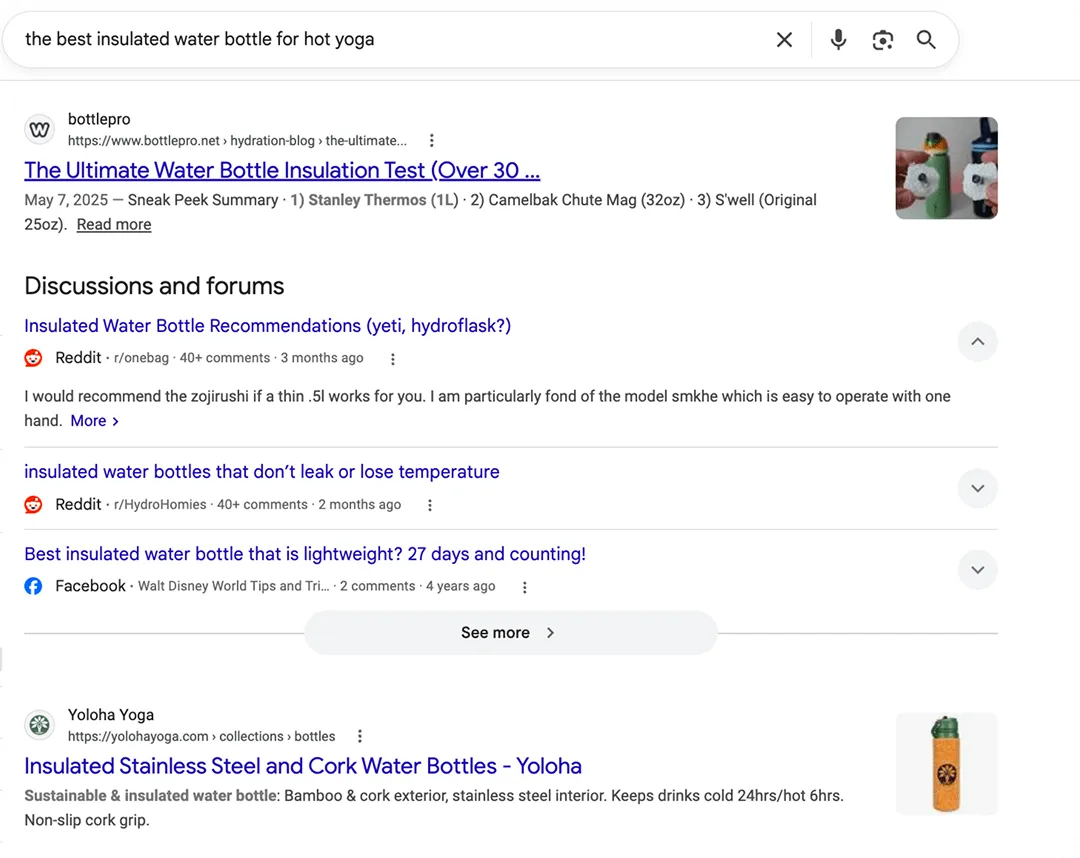Google search results page for "the best insulated water bottle for hot yoga" showing a Discussions and Forums module surfacing Reddit and Facebook threads above traditional web results