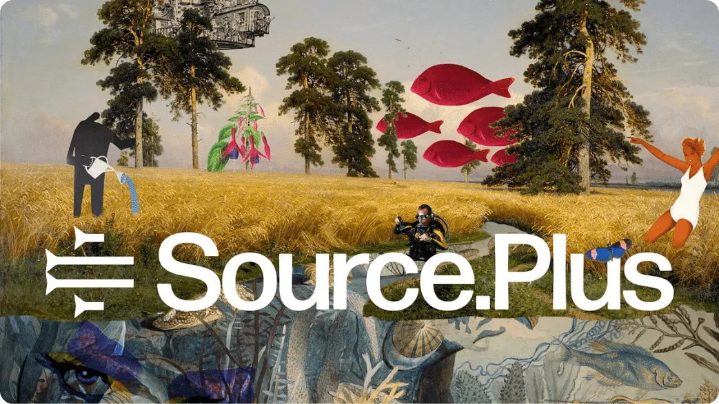 Source.Plus logo over a surreal collage illustration, representing Spawning's consent-verified image library for AI training