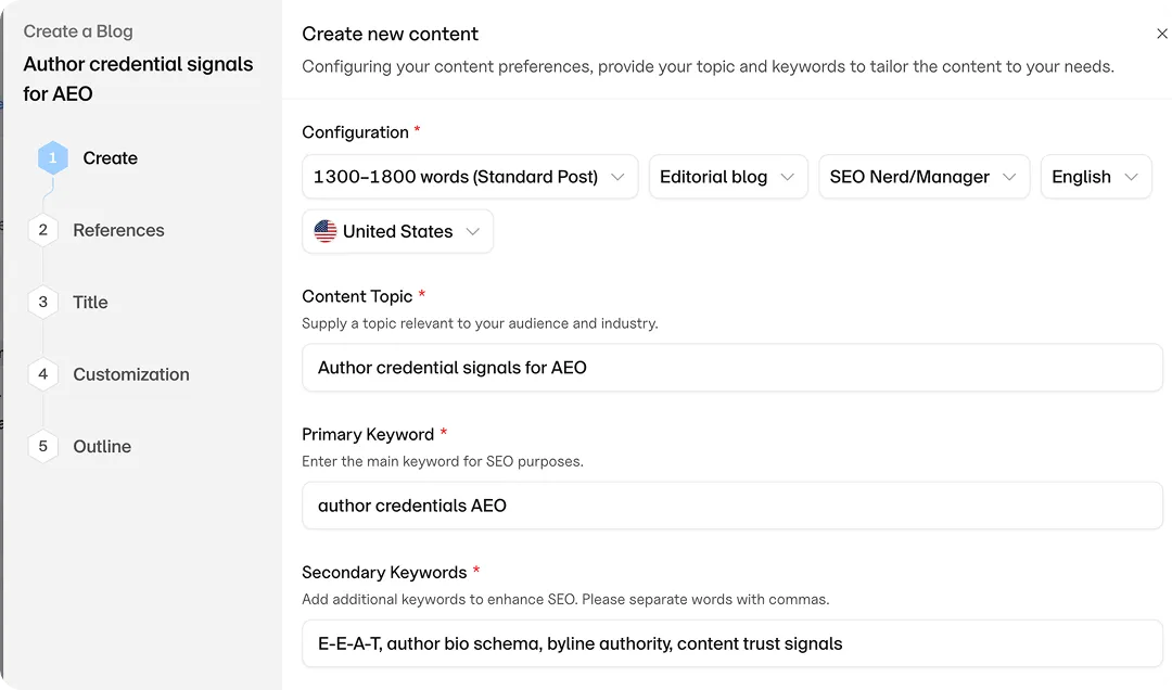 Goodie Content Engine configuration screen for setting word count, content type, persona, and primary keyword