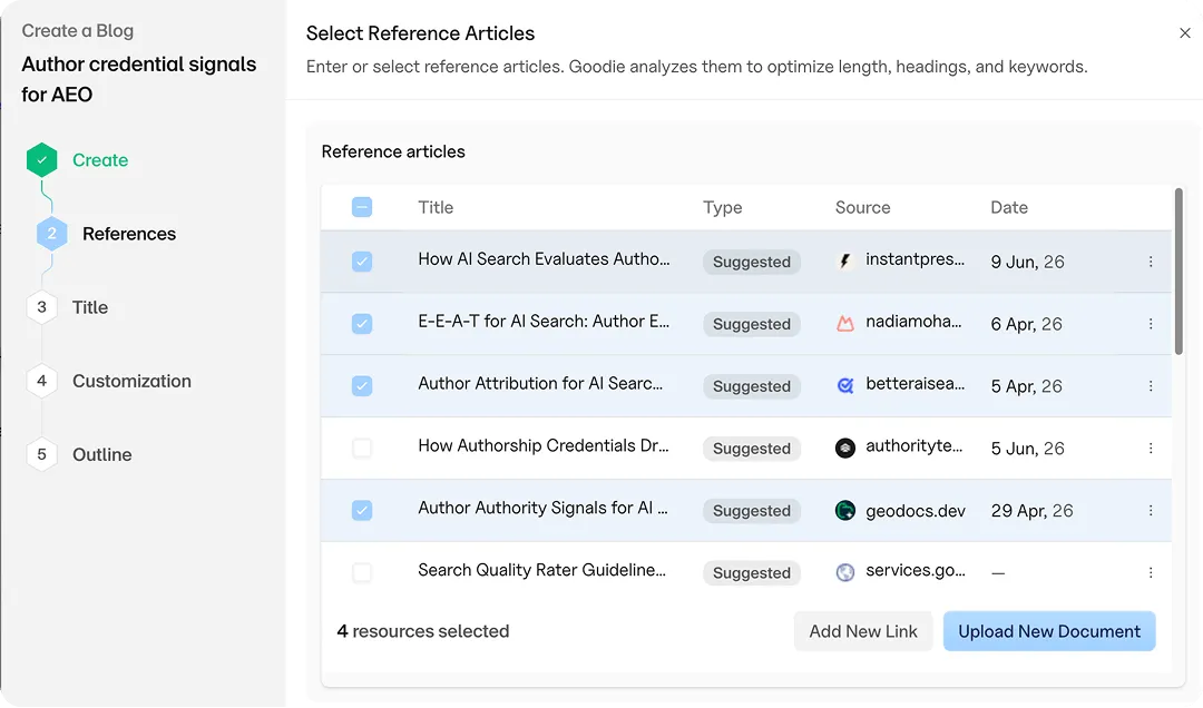 Goodie Content Engine reference article selection screen with suggested sources for an AEO content topic