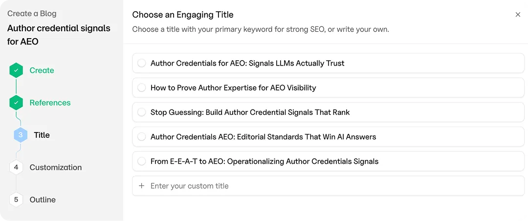 Goodie Content Engine title selection screen showing five AI-generated title options built around the primary keyword