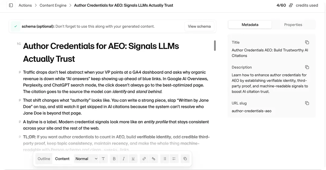 Finished blog draft in Goodie's Content Engine with a schema reminder and metadata panel showing SEO title, description, and URL slug
